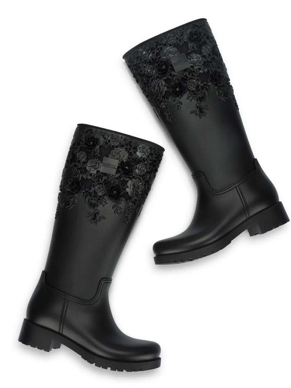 Melissa Floral Thermal Waterproof Tall Black Heel Rain Boots Women's size 6